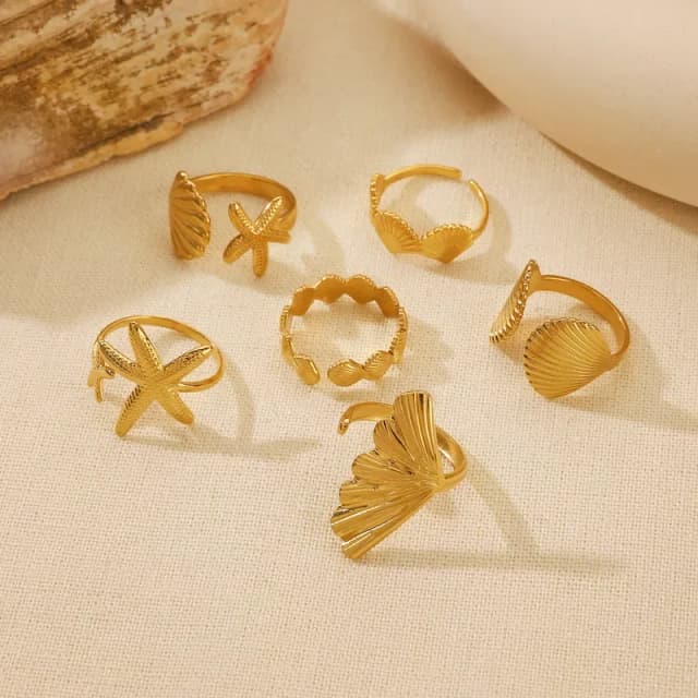 ESTRELLA - Anillo Abierto detalles marinos, Acero Inoxidable bañado en Oro 18K